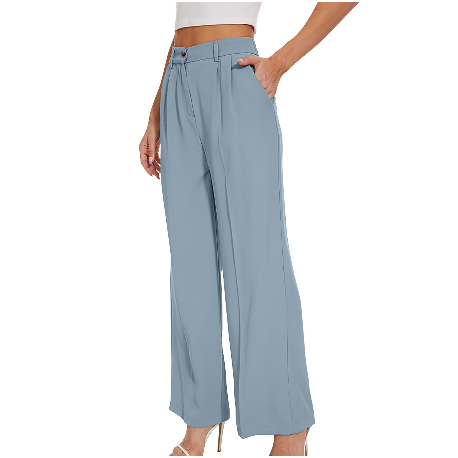 Business Casual Dress Pant for Women Button High Waist Straight Wide Leg Office Work Suit Pants